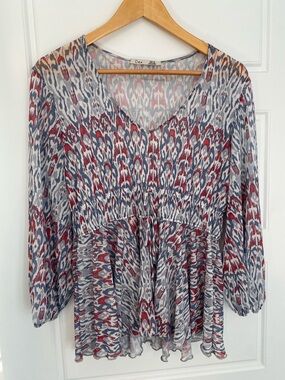 Dex Women’s XL Red, Blue & White Abstract Printed Peasant Tunic 3/4 Sleeves